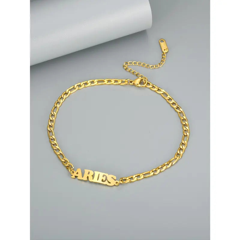 Women's Stainless Steel 12 Constellation Alphabet Letters Initial Anklet - Cuban Chain Ankle Bracelet, Elegant Accessory for Daily Vacation Use