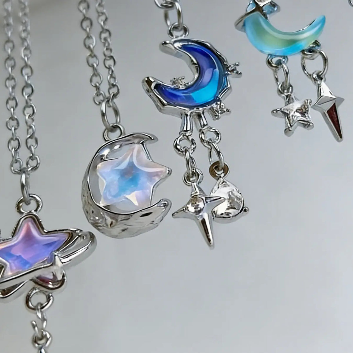Elegant Romantic Star Moon Necklace Set, Stars Pendant, Moon Pendant, Gradient Color Pendants, Adjustable Pendant Necklaces, Boho Style Necklace, Jewelry Set, Aurora Necklace, Alloy Necklace
