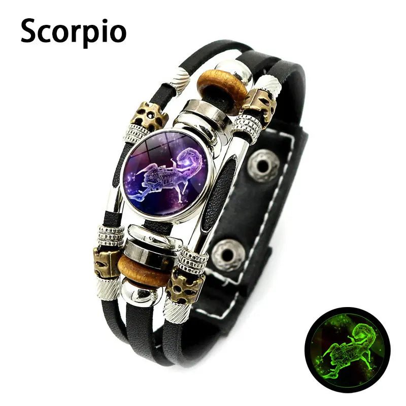 Glow-in-the-Dark 12 Zodiac Signs Leather Bracelet for Women Men 6.9in/8.1in, Glowing Effect Jewelry for Astrology Lovers, Fashion Accessory Jewelry Gift