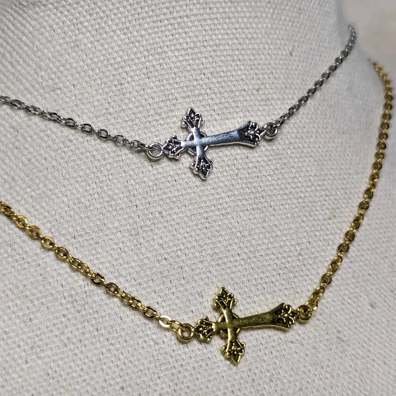 Small Sideways Cross Choker Necklace Silver And Gold