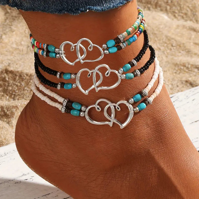 3Pcs Set Fashion Women Bohemia Beaded Heart Charms Multi-layer Anklet, Exquisite Boho Chic Double-Layer Beaded Heart Anklet, Perfect for Summer Vacation, Beach Wedding, Party Jewelry Gift