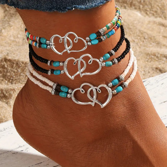 3Pcs Set Fashion Women Bohemia Beaded Heart Charms Multi-layer Anklet, Exquisite Boho Chic Double-Layer Beaded Heart Anklet, Perfect for Summer Vacation, Beach Wedding, Party Jewelry Gift