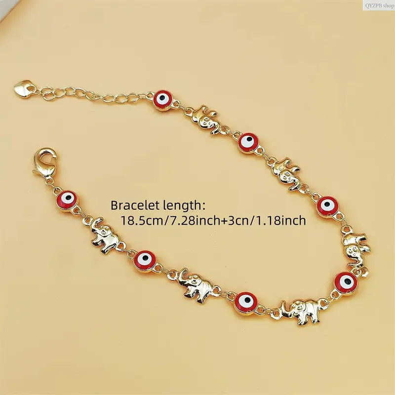 Women's Fashionable Boho Elephant Charm Bracelet - Vintage Gold-Tone Stainless Steel, Adjustable Layering Chain for Layered Look, Red Elephant Eye Pendant, Festival Accessory, Sohochic, Steel Plastic