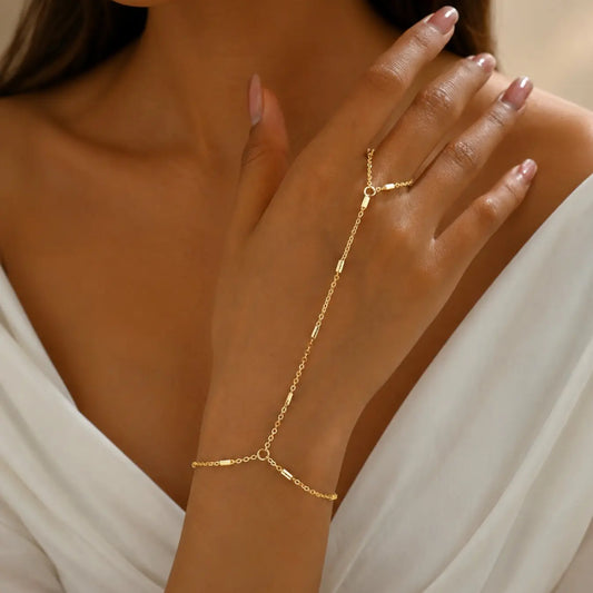 Women Gold Hand Chain Bracelet Ring, Minimalist Bar Bead Finger Bracelet Hand Jewelry for Wedding Party Daily Wear, Alloy Chain Bracelet Jewelry Bracelets