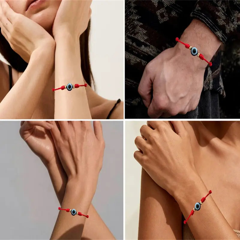 12pcs Evil Eye 7 Knot Lucky Bracelets, Rakhi for Brother and Bhabhi Adjustable Red String Amulet for Women Men with Gold Bead, Protection Jewelry Hand Bracelet
