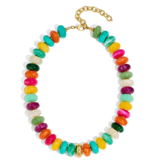 Women's Chunky Beaded Choker Necklace - Adjustable Length Boho Style Jewelry, Multicolor Beads with Gold Accent, Beach to Daily Summer Vacation Accessory (Sports & Outdoor Fashion Addition), Adjustable Length Necklace