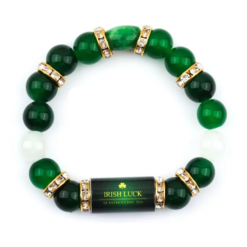 Irish Luck St. Patrick's Day Bracelet | Green Agate Lucky Clover Beaded Bracelet with Rhinestones | Luck Bracelet - Attract Wealth, Abundance and Perfect Good Luck Gift for 2026!