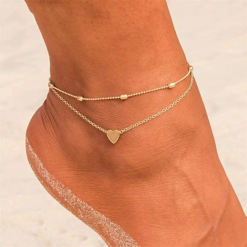 VENOCO Women's 2-Layered Gold Dainty Heart Charm Anklet, Elegant Everyday Foot Jewelry, Fashion Chic Ankle Bracelet, Summer Beach Gift Costume Jewelry for Women