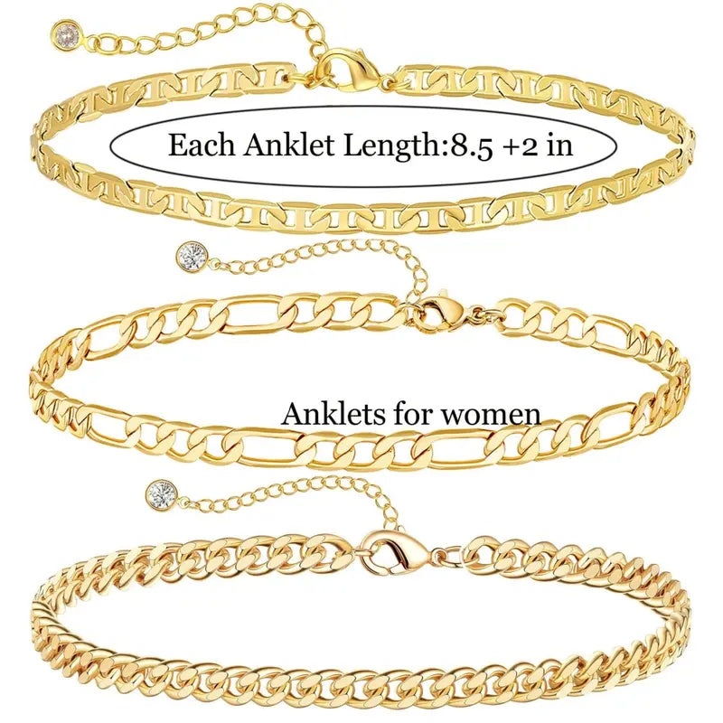 Dainty Titanium Steel Gold Plated Ankle Bracelets for Women, Waterproof Titanium Steel Gold Plated Link Chain Anklets Non Tarnish Set Pack Summer Beach Jewelry Gift
