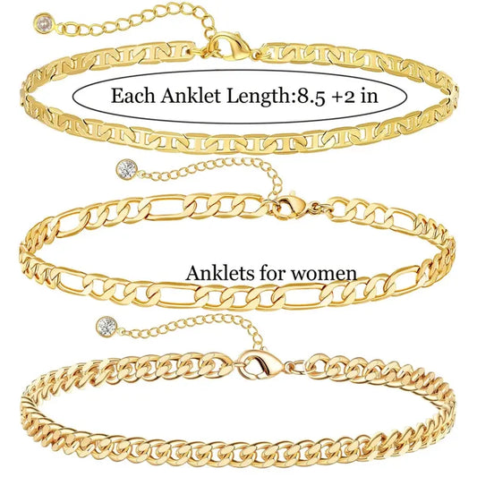 Dainty Titanium Steel Gold Plated Ankle Bracelets for Women, Waterproof Titanium Steel Gold Plated Link Chain Anklets Non Tarnish Set Pack Summer Beach Jewelry Gift