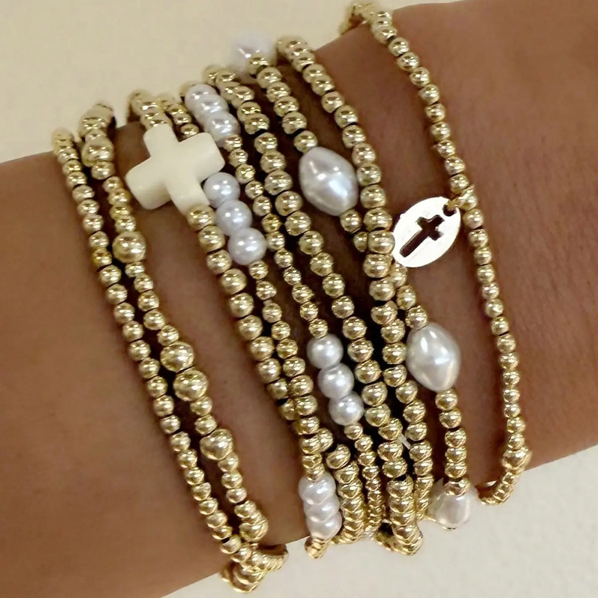 9-Piece Fashion Cross Pendant Artificial Pearl CCB Beaded Bracelets, Elastic Bracelet Set, Stacked Design Bracelets, Women's Layered Stacking Bracelets for Daily Wear