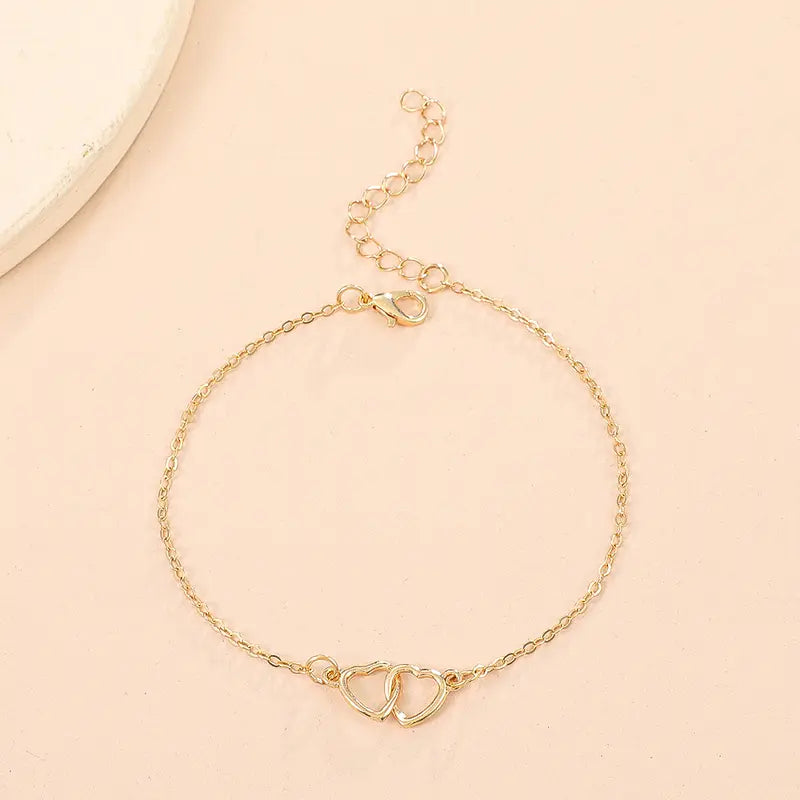 Women's Adjustable-Length Hollow Heart Double Love Artificial Gemstone Anklet - Cute Girly Aesthetic Chain Jewelry for Daily Accessorizing, Heart Artificial Gemstone Bracelets & Anklets