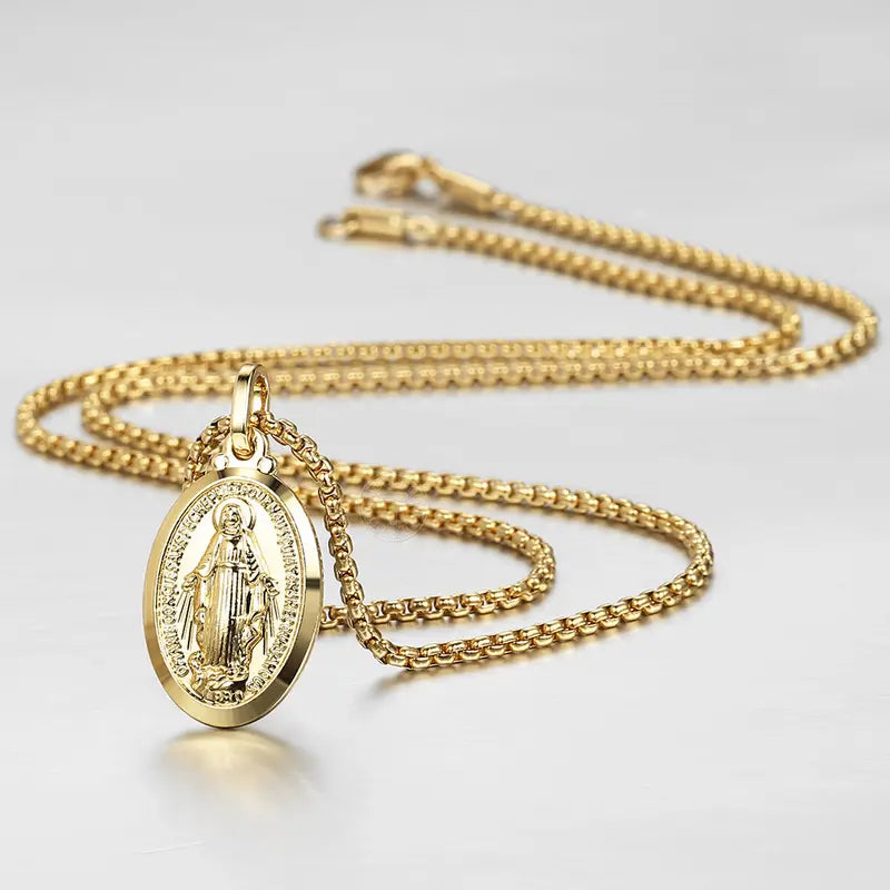 Hermah Double Virgin Mary Pendants Necklace Stainless Steel Box Link (2 charms + 1 chain)