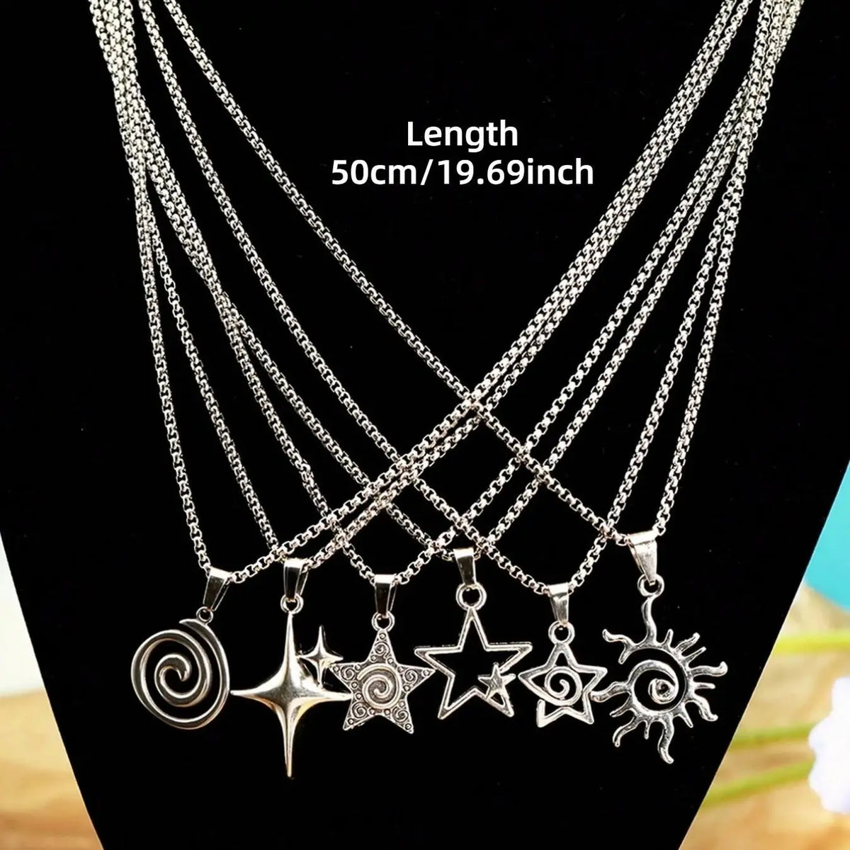 6 Pcs Retro Y2K Spiral Hollow Star Sun Pendant Stainless Steel Necklace Set, Minimalist Punk Unisex Couple Jewelry, Versatile Design, Punk Style Necklace