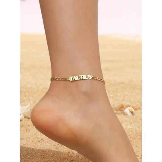 Women's Stainless Steel 12 Constellation Alphabet Letters Initial Anklet - Cuban Chain Ankle Bracelet, Elegant Accessory for Daily Vacation Use