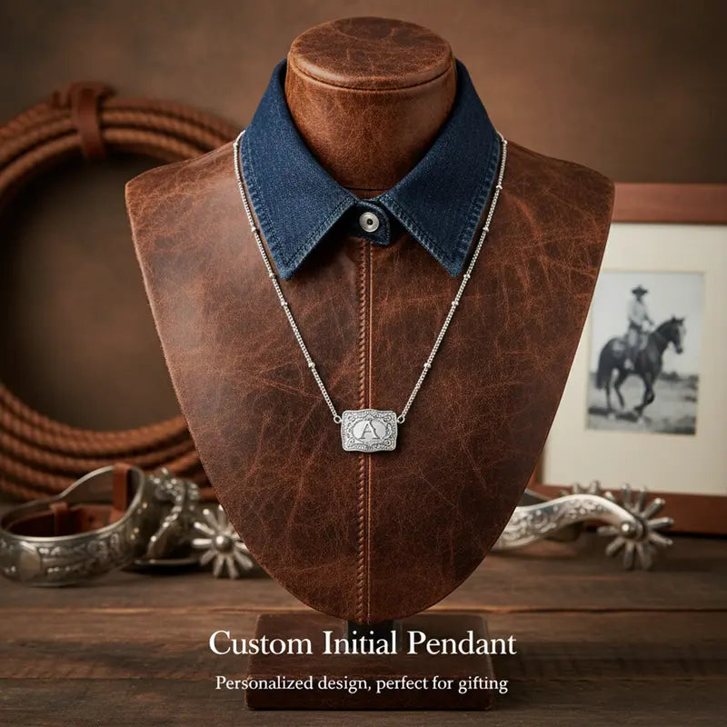 Belt Buckle Retro Initial Letter Pendant Necklace Handmade Fashion Accessory Personalized Letter Necklace CowTag Western Style 18 2 Extender Daily Wear Gifts for Boyfriend Initial Necklace