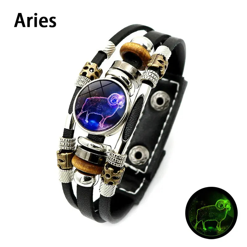 Glow-in-the-Dark 12 Zodiac Signs Leather Bracelet for Women Men 6.9in/8.1in, Glowing Effect Jewelry for Astrology Lovers, Fashion Accessory Jewelry Gift