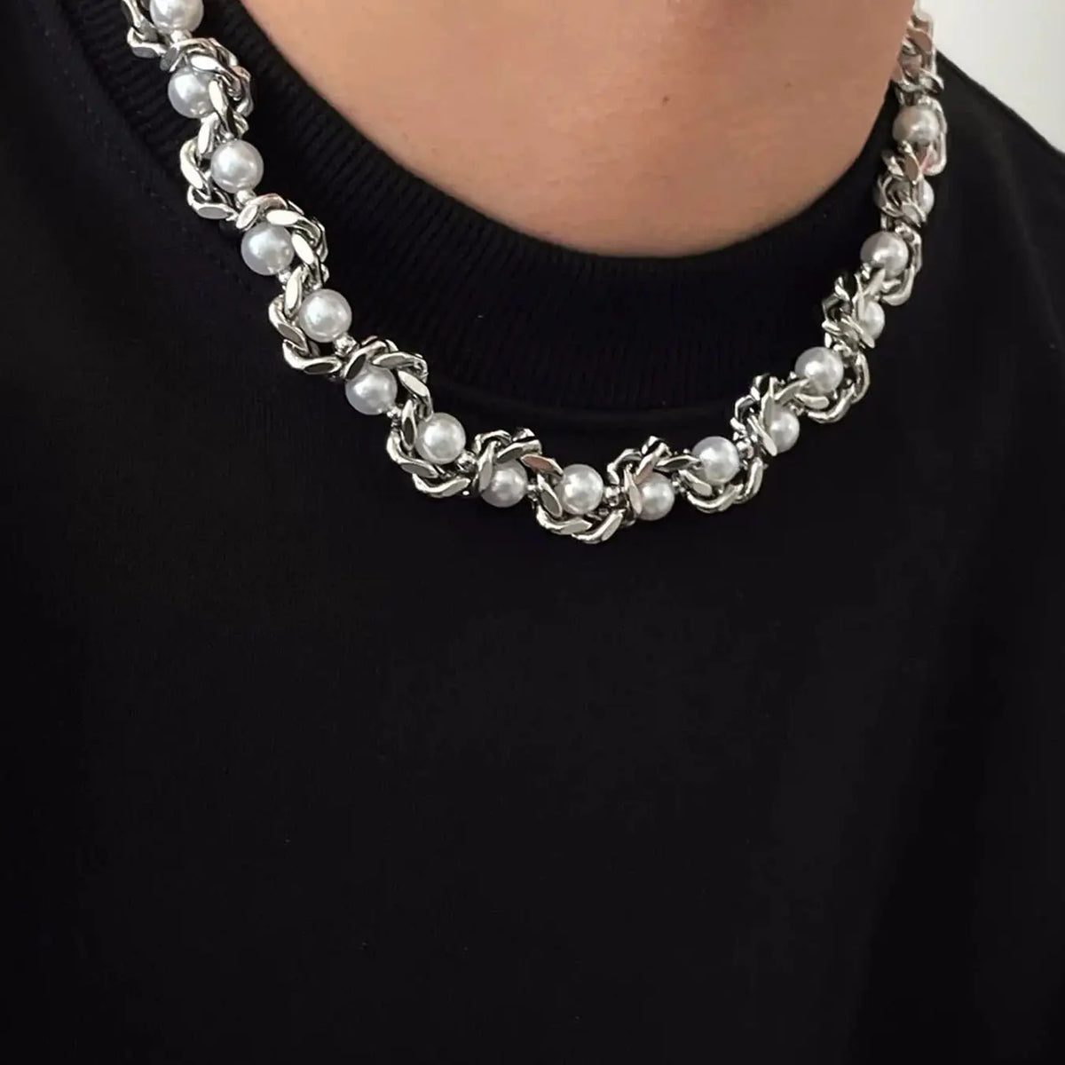 Men's Hip Hop Style Imitation Pearl Stainless Steel Necklace, Casual Street Fashion Cool Accessories Jewelry, Unique Design for Daily Wear, Casual Trendy Jewelry, Fashionable Accessory, Necklace Chain, Cuban Link Chain Necklace