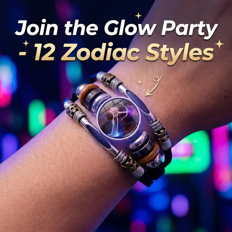 Glow-in-the-Dark 12 Zodiac Signs Leather Bracelet for Women Men 6.9in/8.1in, Glowing Effect Jewelry for Astrology Lovers, Fashion Accessory Jewelry Gift