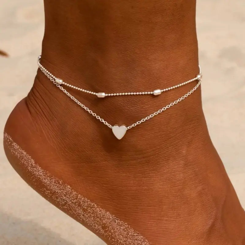VENOCO Women's 2-Layered Gold Dainty Heart Charm Anklet, Elegant Everyday Foot Jewelry, Fashion Chic Ankle Bracelet, Summer Beach Gift Costume Jewelry for Women