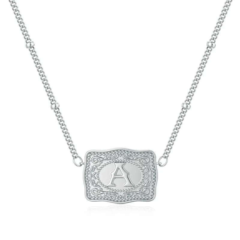 Belt Buckle Retro Initial Letter Pendant Necklace Handmade Fashion Accessory Personalized Letter Necklace CowTag Western Style 18 2 Extender Daily Wear Gifts for Boyfriend Initial Necklace