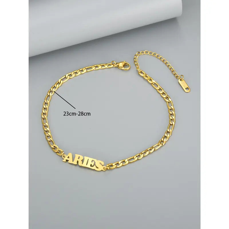 Women's Stainless Steel 12 Constellation Alphabet Letters Initial Anklet - Cuban Chain Ankle Bracelet, Elegant Accessory for Daily Vacation Use