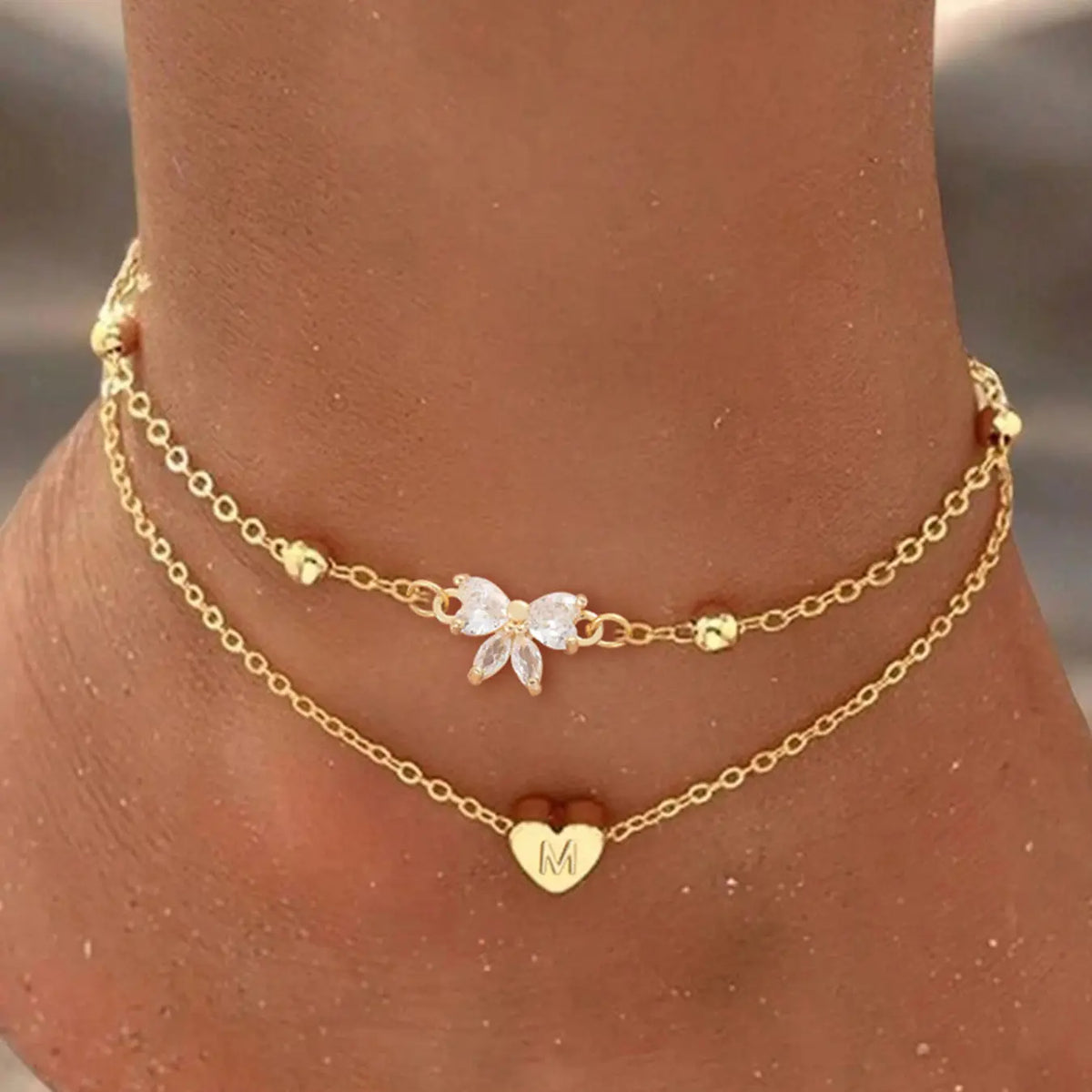 2 Piece Set Heart Initial Bow Women's Ankle Bracelet Anklets Stylish Stainless Steel Chain for All Seasons, Casual Fashion Jewelry, Wearable Jewelry, Trendy Jewelry, Fashion Chic Accessories, Jewellery