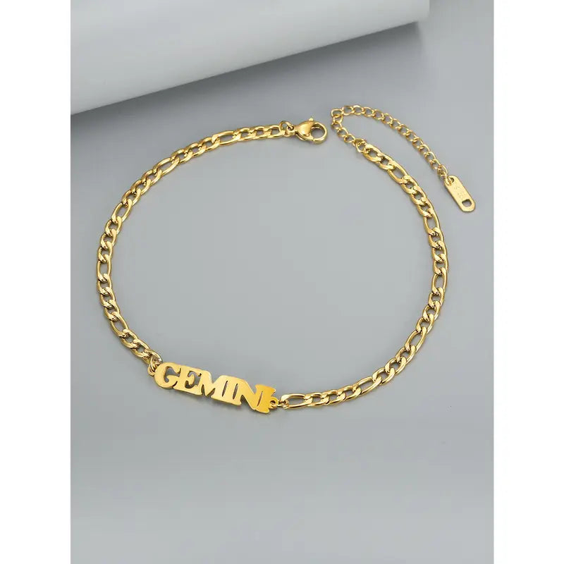 Women's Stainless Steel 12 Constellation Alphabet Letters Initial Anklet - Cuban Chain Ankle Bracelet, Elegant Accessory for Daily Vacation Use