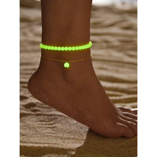 New Trend Creative Glow in The Dark Design Beaded Anklet, 2counts Fashionable Jewelry for Women & Girls, Party, Daily Jewelry Accessories for Birthday Gift, Dainty Layered Anklet