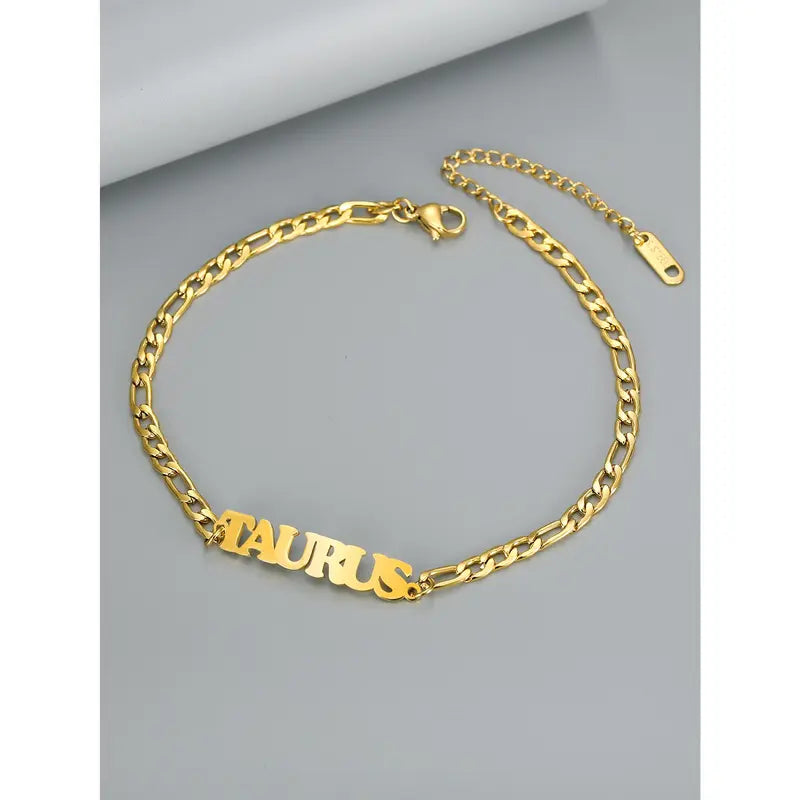 Women's Stainless Steel 12 Constellation Alphabet Letters Initial Anklet - Cuban Chain Ankle Bracelet, Elegant Accessory for Daily Vacation Use