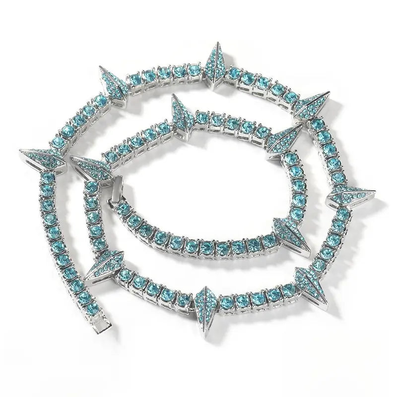 Men's Iced Out Spike Tennis Chain Necklace, Cubic Zirconia Statement Jewelry, Hip Hop Streetwear Punk Style, 18/20/22/24 Inch, Black Silver Gold Pink Blue Black Purple