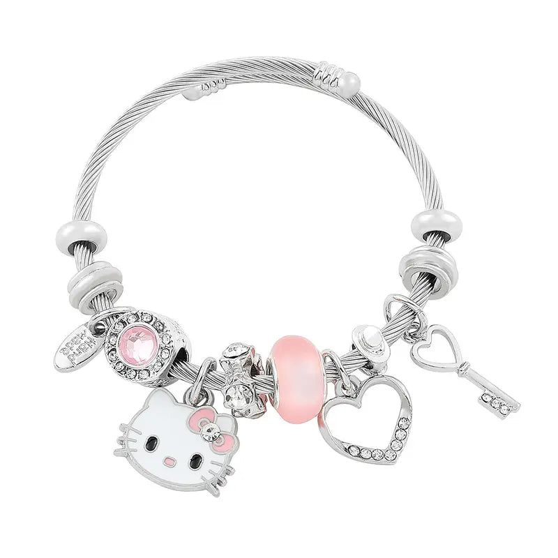Sanrio Hello Kitty Charm Bracelet with Heart Key & Pink Bead Accents Adjustable Fit Sparkling Design for Sanrio Fans