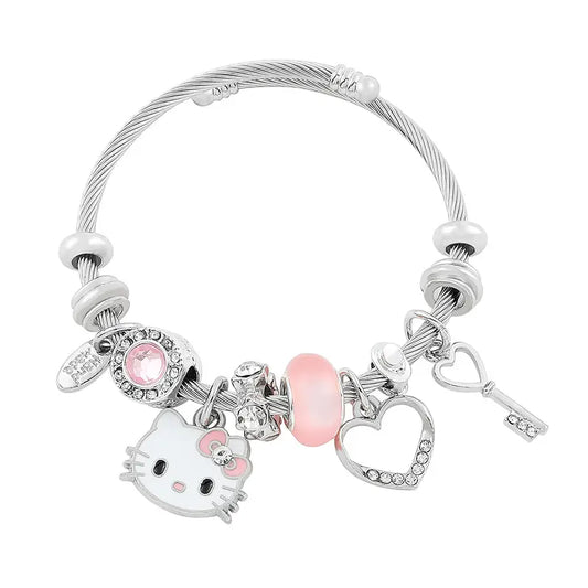 Sanrio Hello Kitty Charm Bracelet with Heart Key & Pink Bead Accents Adjustable Fit Sparkling Design for Sanrio Fans