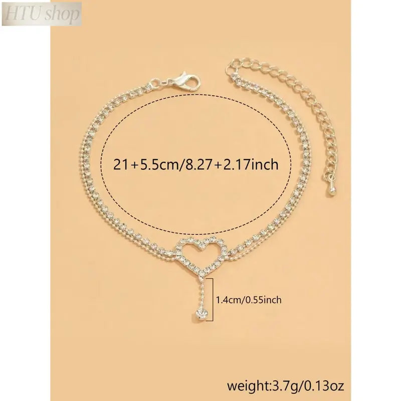 Women's Elegant Heart Rhinestone Anklet - Stainless Steel Chain Wearable Jewelry, Elegant Accessory, Light Luxury Casual Style, Ideal for Everyday Wear, Beach Date Night Gift