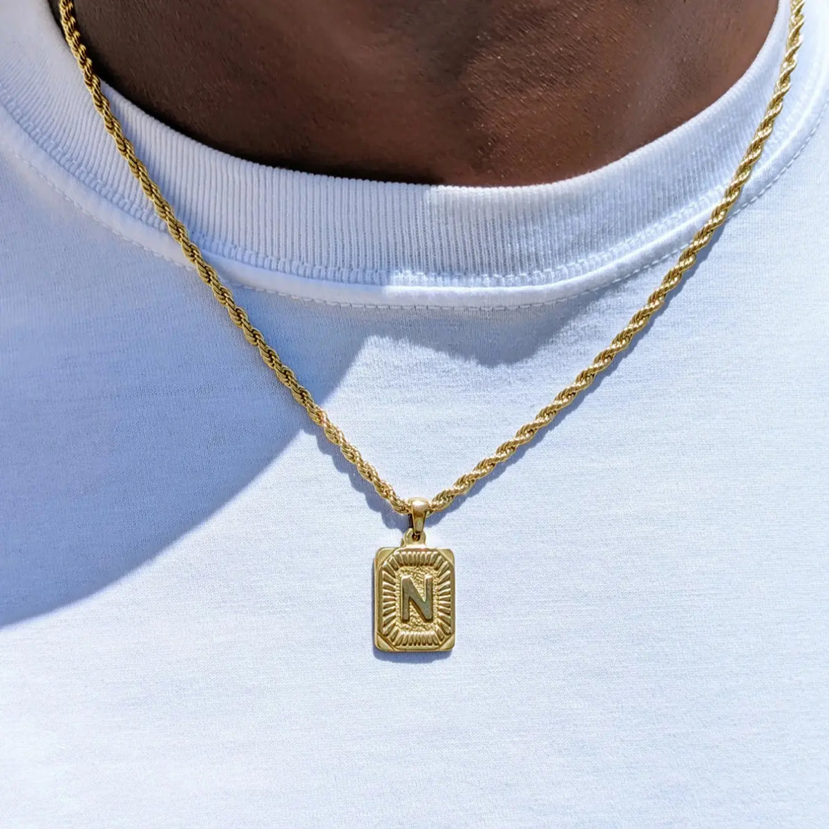 Men's Stainless Steel Necklace with Square Pendant and Initial Letter, Personalized A-Z Design, Rope Chain Jewelry, Durable Fashion Accessory, Exquisite Jewelry Gift