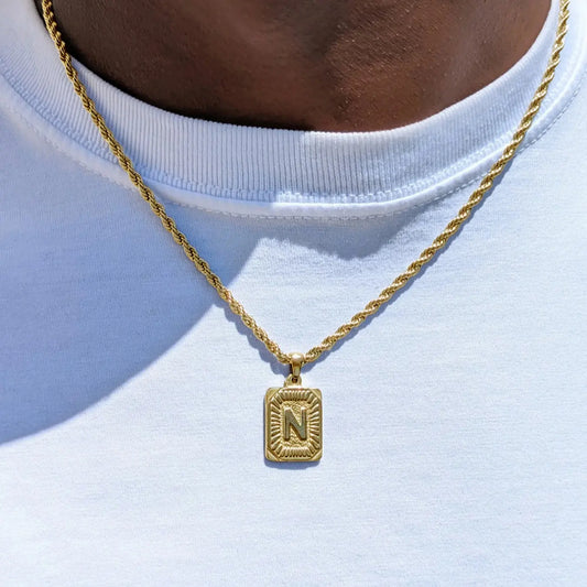 Men's Stainless Steel Necklace with Square Pendant and Initial Letter, Personalized A-Z Design, Rope Chain Jewelry, Durable Fashion Accessory, Exquisite Jewelry Gift