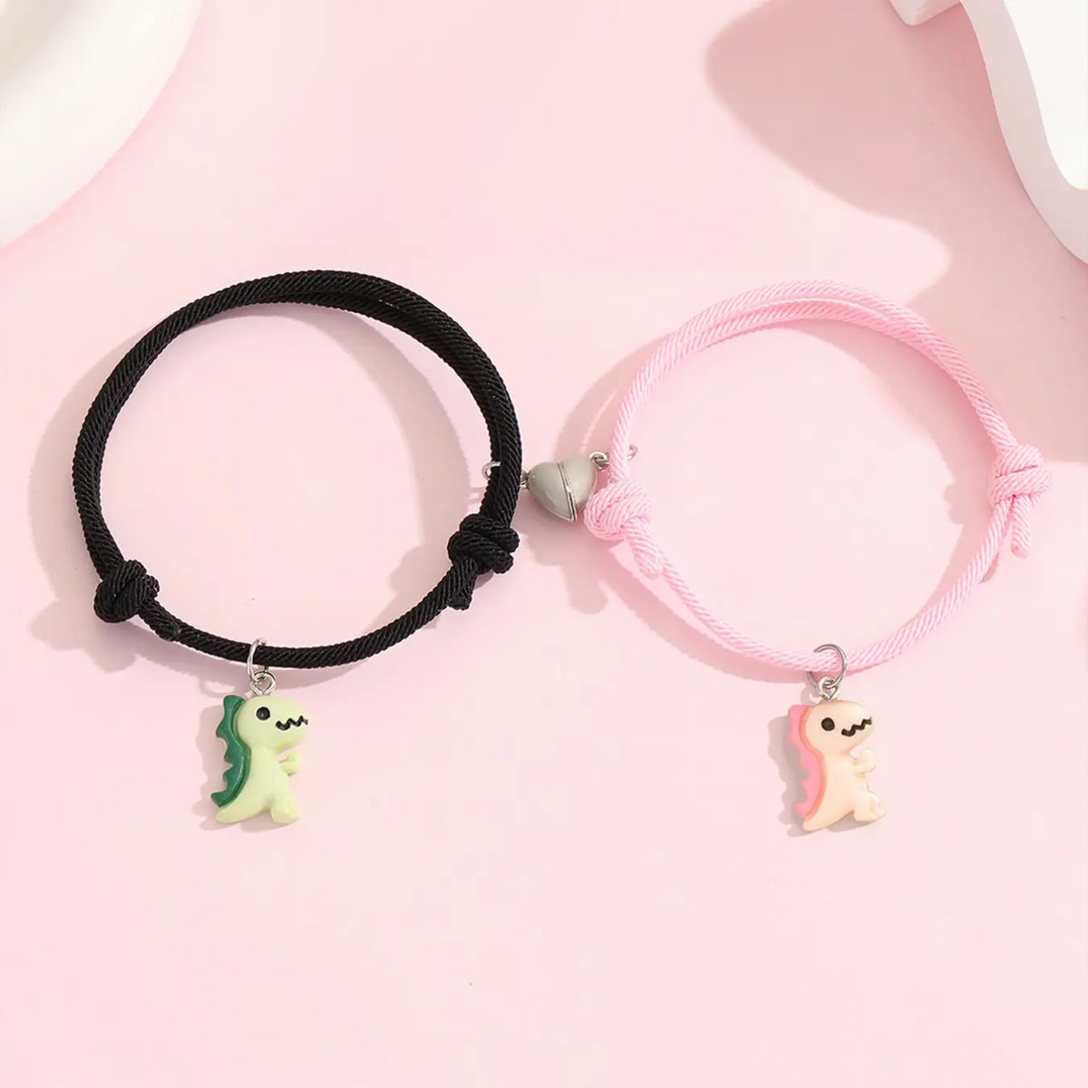 2 Pcs Glow-In-Dark Heart Dinosaur Pendant Couple Matching Bracelet, Cute Handmade Braided Wristband, Valentine's Day Gift, Anniversary Present, Jewelry, Bracelet for Couples