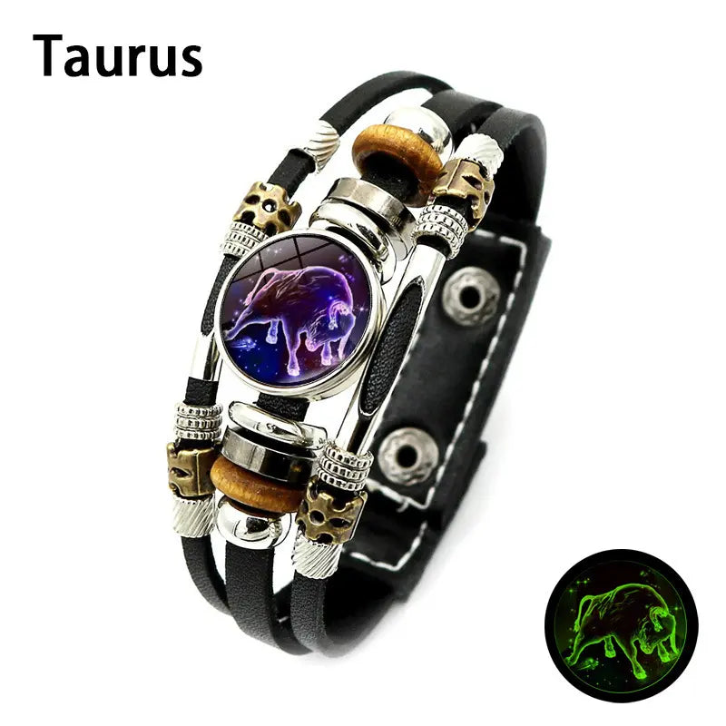 Glow-in-the-Dark 12 Zodiac Signs Leather Bracelet for Women Men 6.9in/8.1in, Glowing Effect Jewelry for Astrology Lovers, Fashion Accessory Jewelry Gift