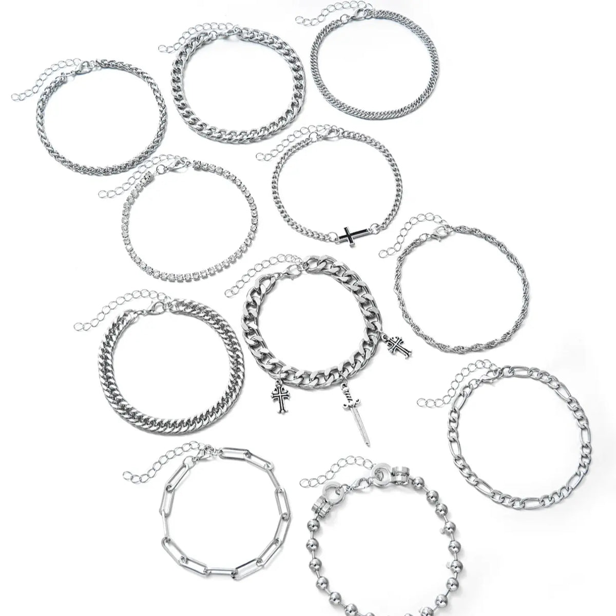 Metal Chain Design Cross Bracelet Set, Multi-Layer Beaded Fashion Accessory, Unisex Punk Style Jewelry, 11 Pieces Bracelet Stacks, Stacked Design Bracelets, Chain Bracelet Pack