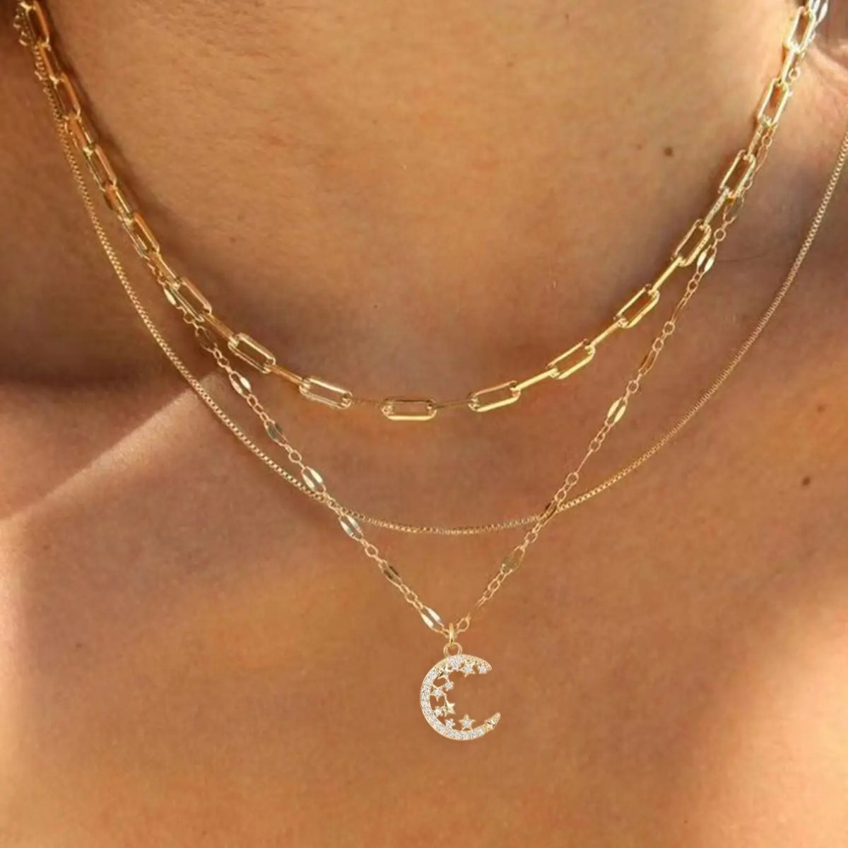 3 Piece Trendy Grid Paperclip Box Chain Necklace Set, Trendy Jewelry, Minimalist Rectangle Pendant with Sparkling Star Artificial Zircon