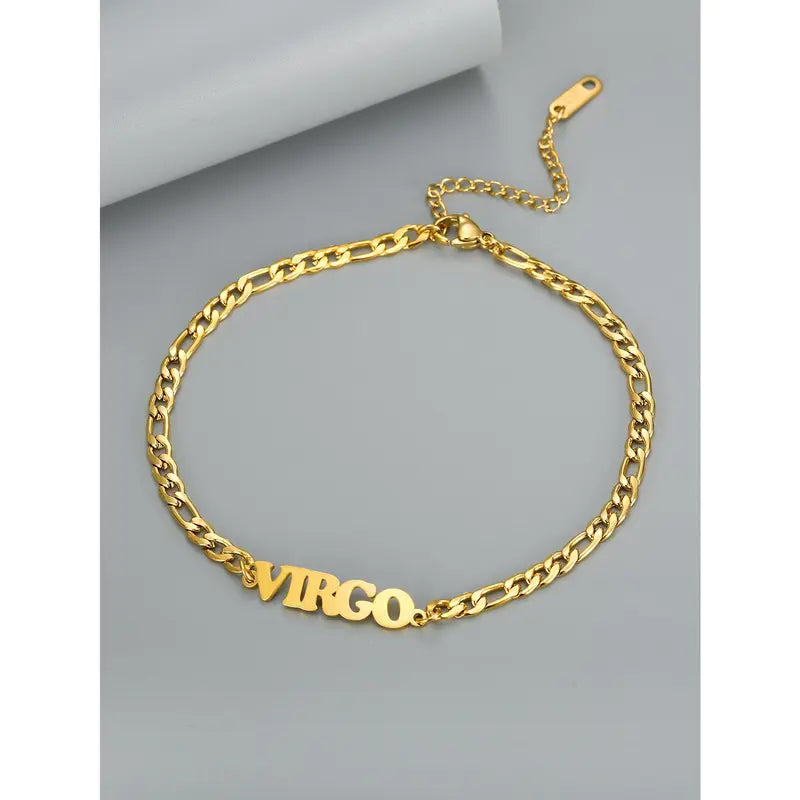 Women's Stainless Steel 12 Constellation Alphabet Letters Initial Anklet - Cuban Chain Ankle Bracelet, Elegant Accessory for Daily Vacation Use
