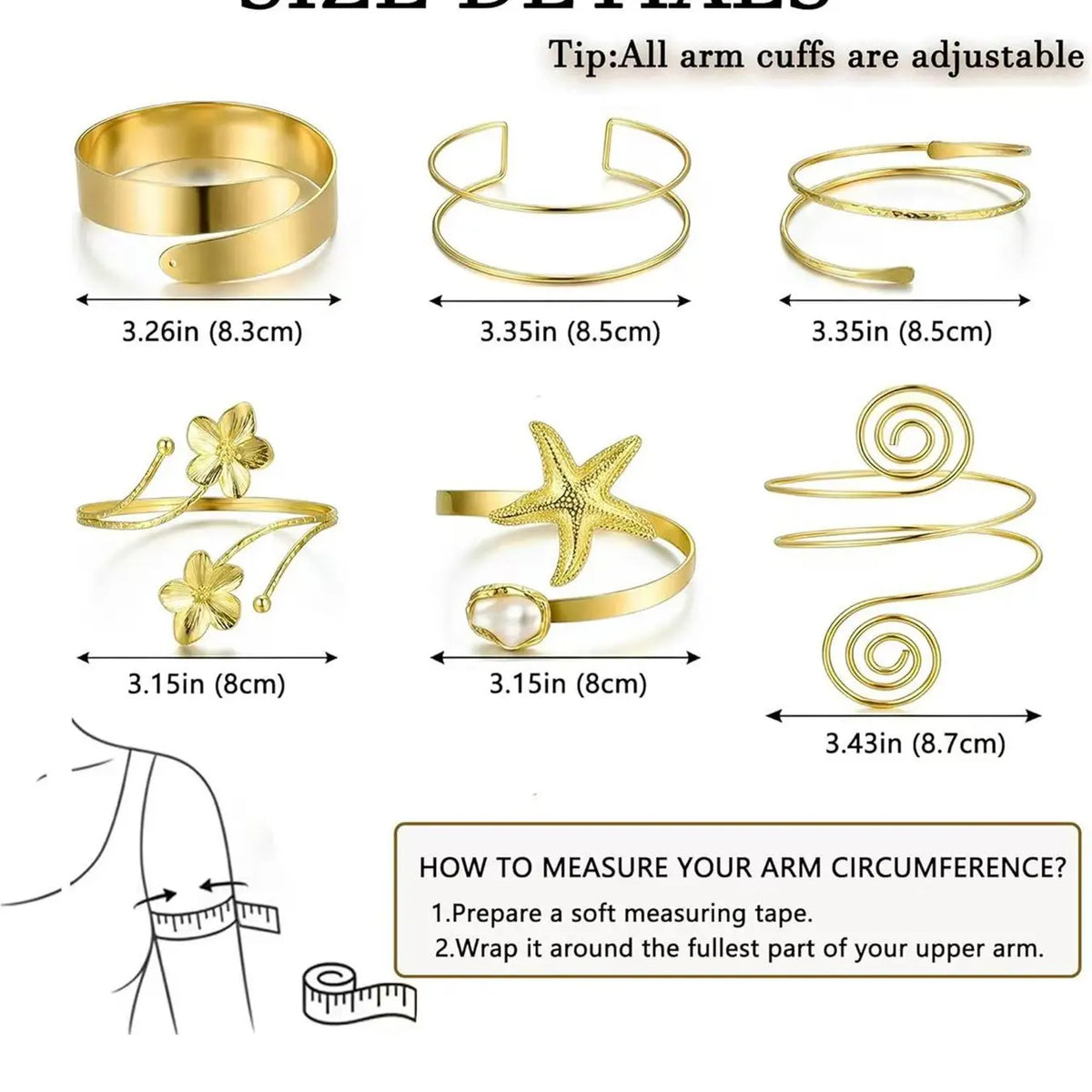 6PCS Gold Arm Cuff Bracelets for Women, Boho Statement Gold Upper Arm Bangle Band Armlet, Open Adjustable Cuff Bracelet Set, Stackable, Fashion Jewelry
