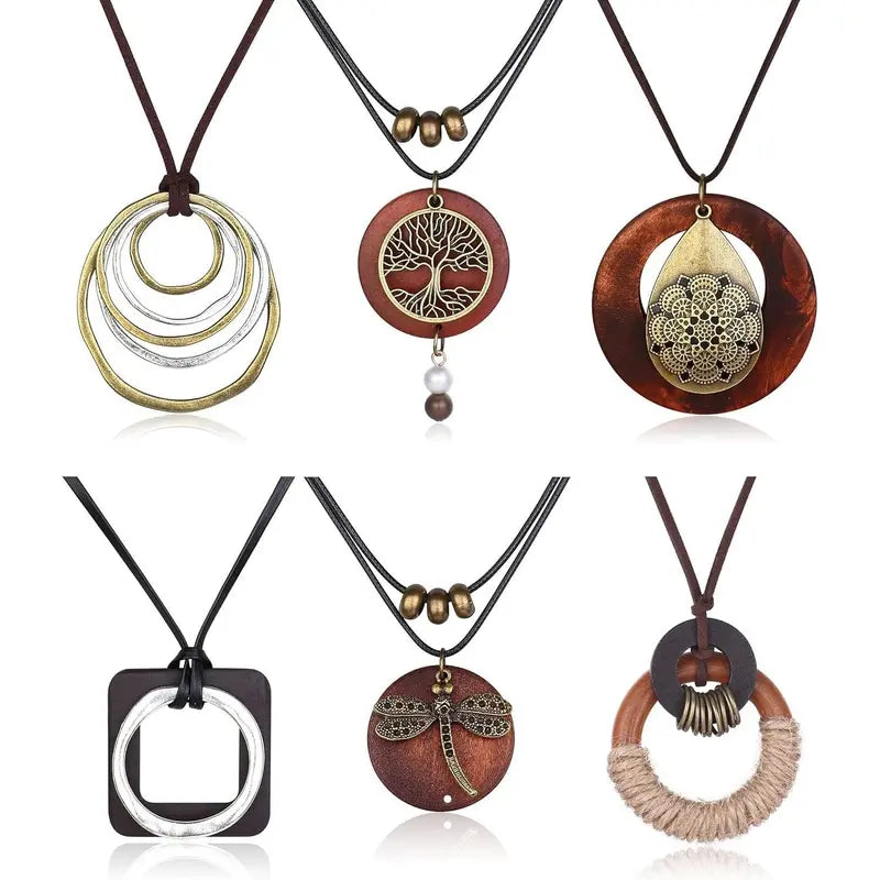 FUNRUN 6Pcs Boho Layered Necklace Set • Vintage Wooden Long Pendant Necklace • Y2K Hippie Statement Jewelry for Women
