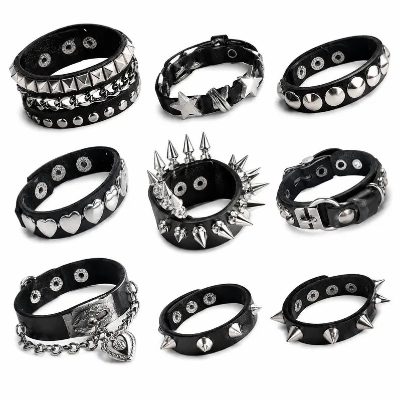 Women's 9-Pack Emo Studded Punk Cuff Bracelet Set, Black Faux-Leather Safety Bracelets Stack, Adjustable Fashionable Jewelry Accessories for Halloween Cosplay