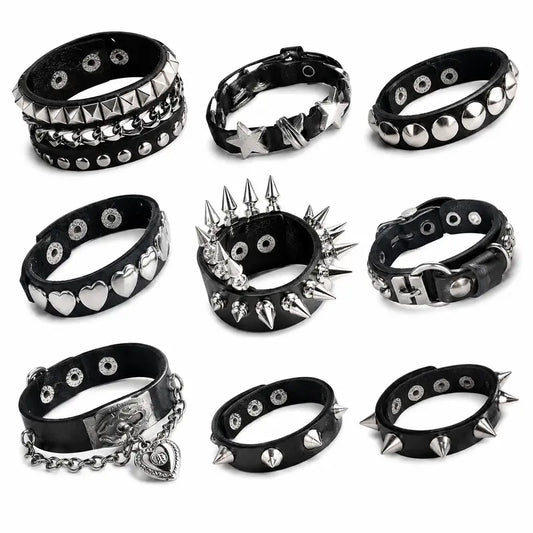 Women's 9-Pack Emo Studded Punk Cuff Bracelet Set, Black Faux-Leather Safety Bracelets Stack, Adjustable Fashionable Jewelry Accessories for Halloween Cosplay