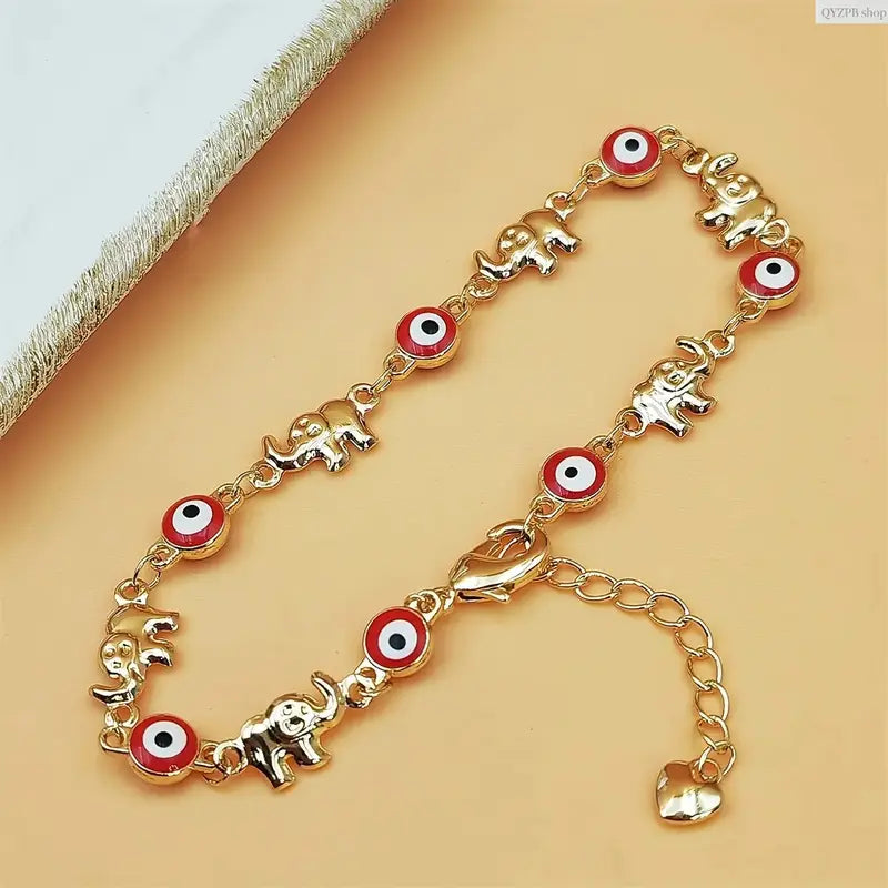 Women's Fashionable Boho Elephant Charm Bracelet - Vintage Gold-Tone Stainless Steel, Adjustable Layering Chain for Layered Look, Red Elephant Eye Pendant, Festival Accessory, Sohochic, Steel Plastic