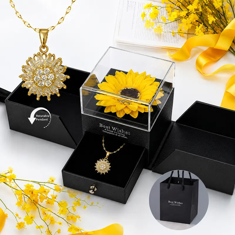 Fashionable Jewelry Rotating Sunflower Pendant Necklace Set, Flower Necklaces with Exquisite Chain & Gift Box, Thoughtful Present for Women for Birthday Mother's Day Daily Wear