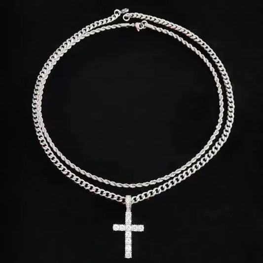 Chunky Cross Costume Necklace for Men - 17-20 Inches Silver Curb Cuban Link Chain, 45g Long Metal Coating Unisex Men's Jewelry Accessory