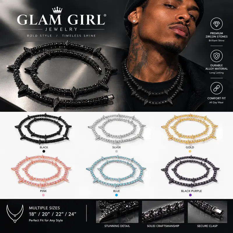Men's Iced Out Spike Tennis Chain Necklace, Cubic Zirconia Statement Jewelry, Hip Hop Streetwear Punk Style, 18/20/22/24 Inch, Black Silver Gold Pink Blue Black Purple