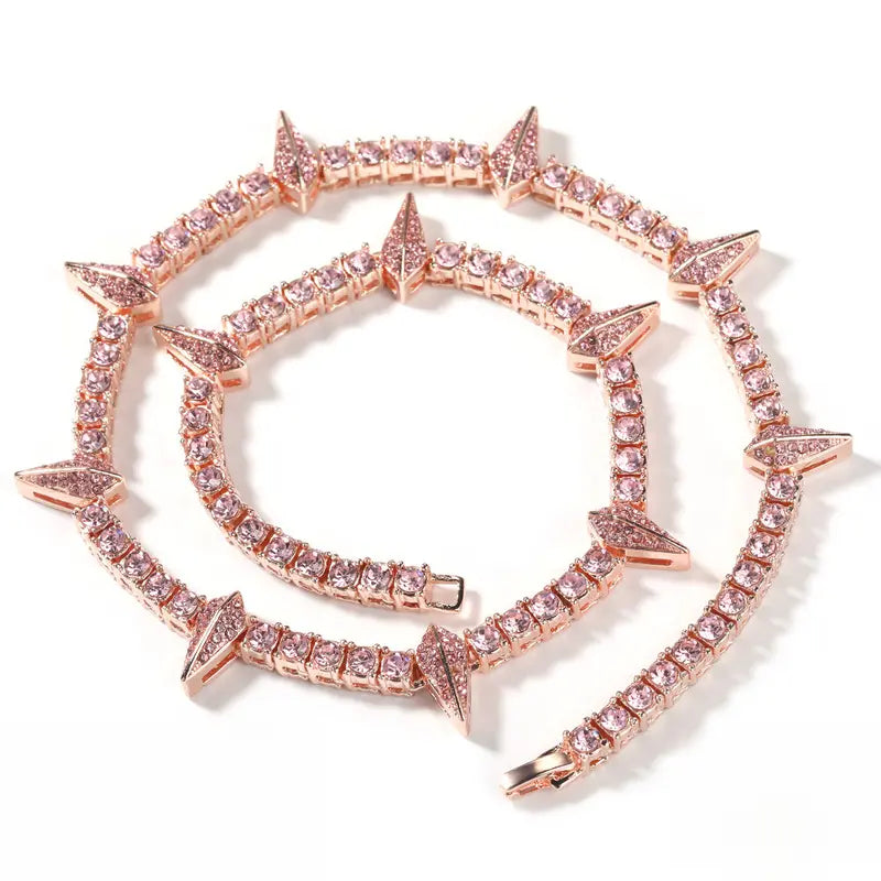 Men's Iced Out Spike Tennis Chain Necklace, Cubic Zirconia Statement Jewelry, Hip Hop Streetwear Punk Style, 18/20/22/24 Inch, Black Silver Gold Pink Blue Black Purple